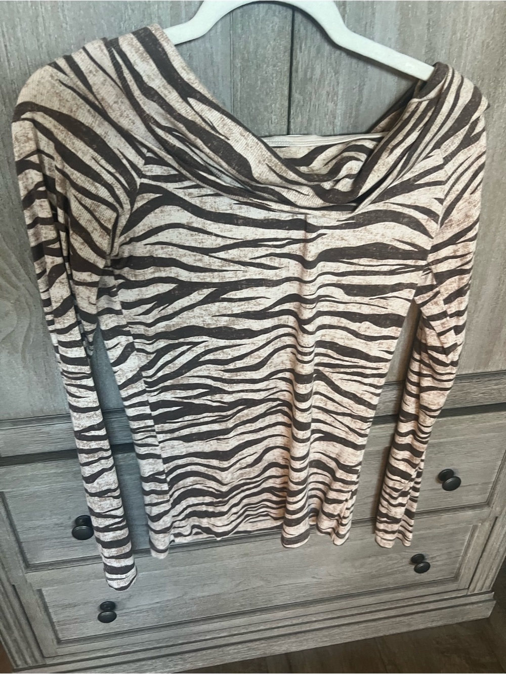 Women's Zebra Stripe Long Sleeve Top - Cream & brown